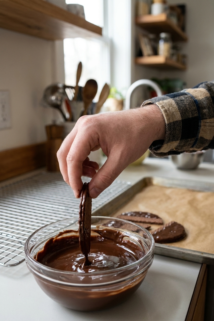 A hand dipping a thin chocolate wafer into a bowl of melted dark chocolate, with a wire rack and parchment-lined tray in the background