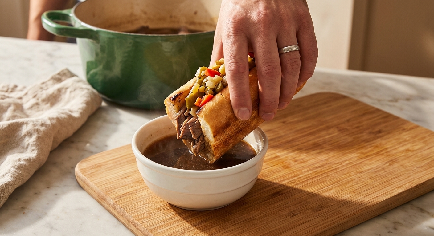 A hand dipping an Italian beef sandwich into a small bowl of hot jus at a kitchen table
