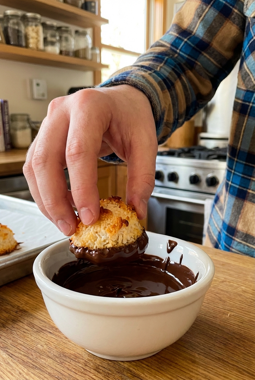 A hand dipping the bottom of a coconut macaroon into melted dark chocolate in a small bowl