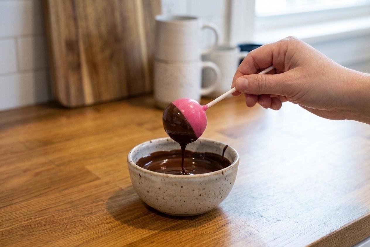 A hand dipping the bottom of a pink cake pop into a small bowl of melted dark chocolate on a kitchen counter