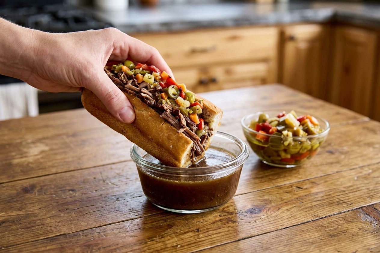 A hand dipping the end of an Italian beef sandwich into a small bowl of au jus on a wooden kitchen table