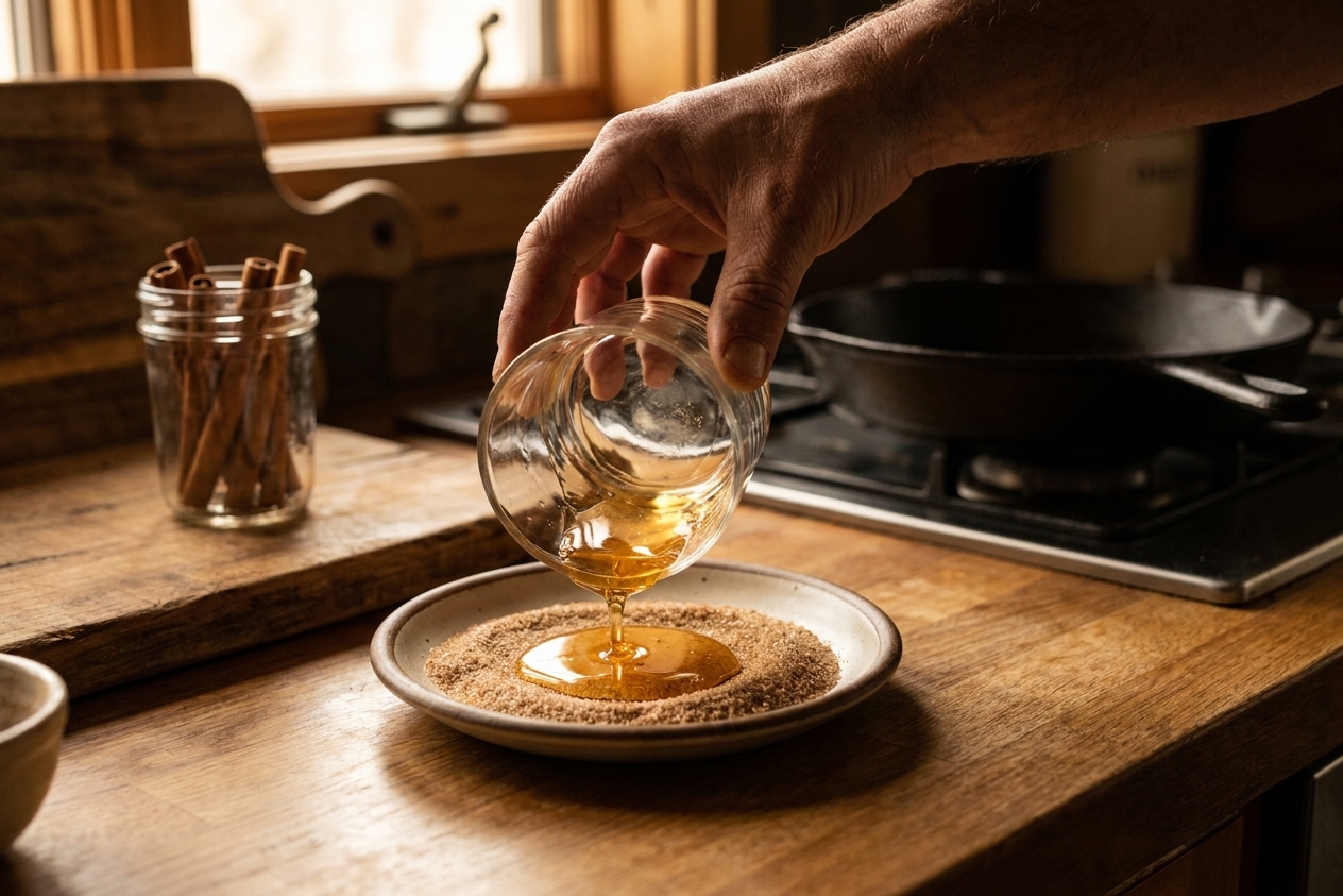 A hand dipping the rim of a glass into honey and then cinnamon sugar on a small plate on a kitchen counter, warm natural light