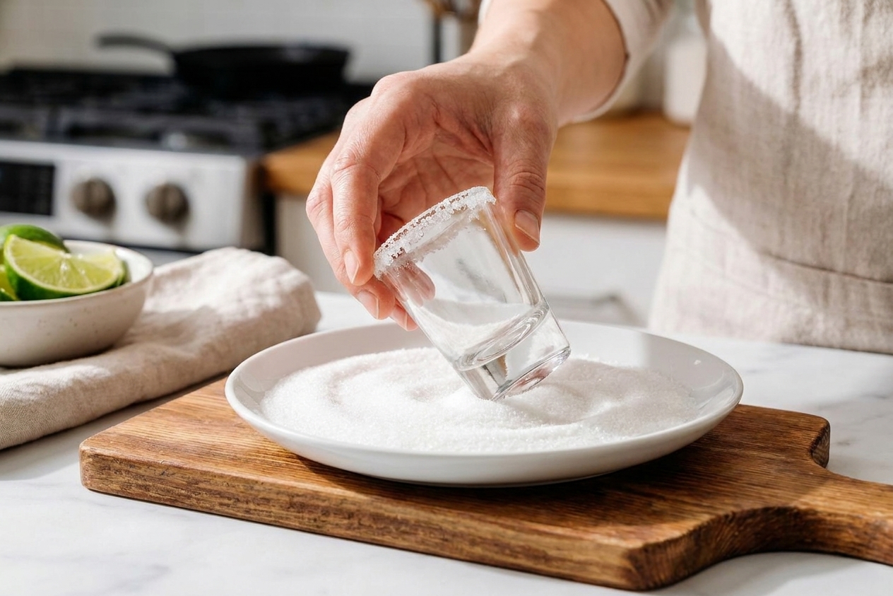 A hand dipping the rim of a shot glass into a plate of granulated sugar on a kitchen counter