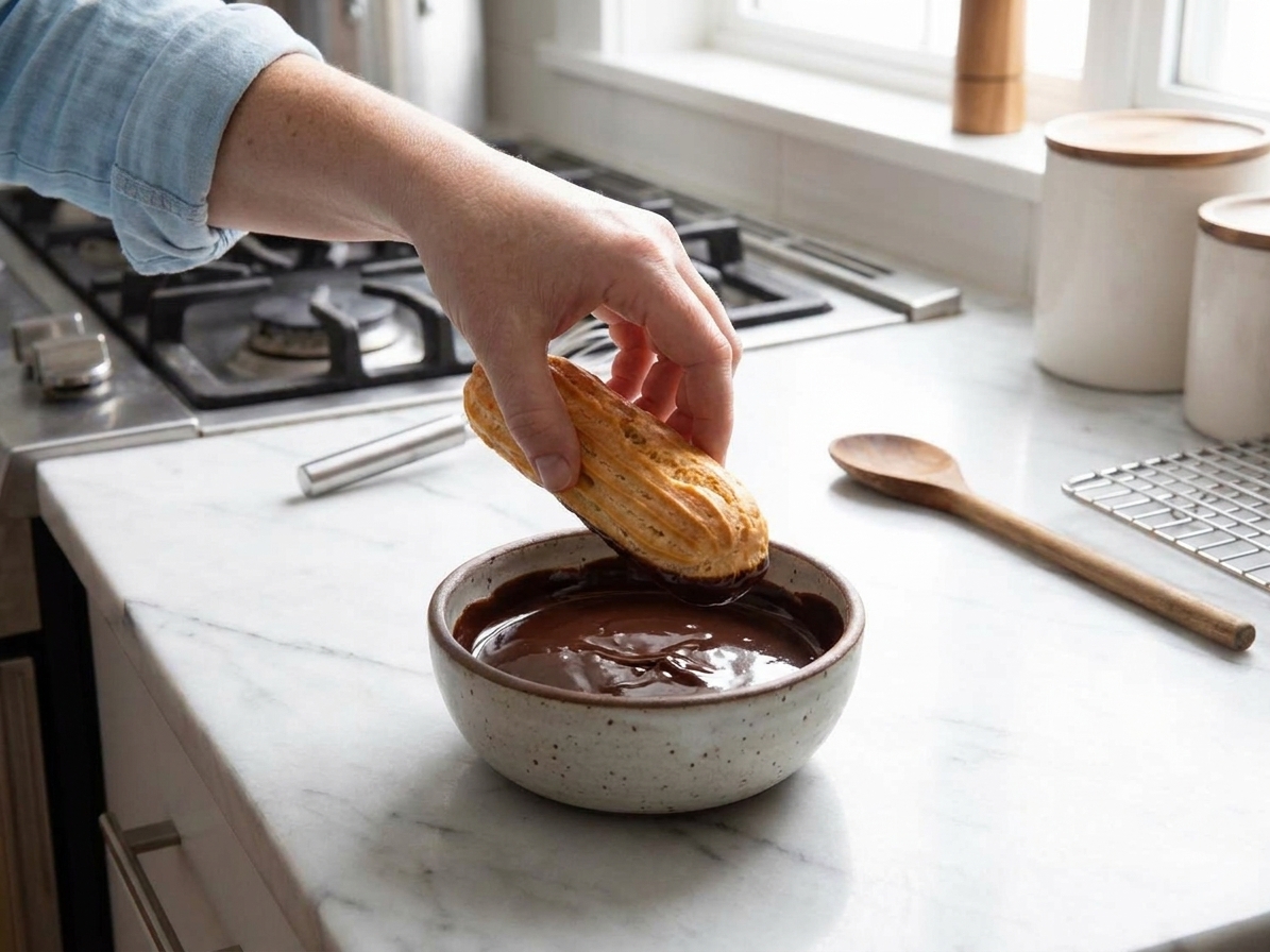 A hand dipping the top of a filled eclair into a bowl of glossy chocolate glaze on a kitchen counter