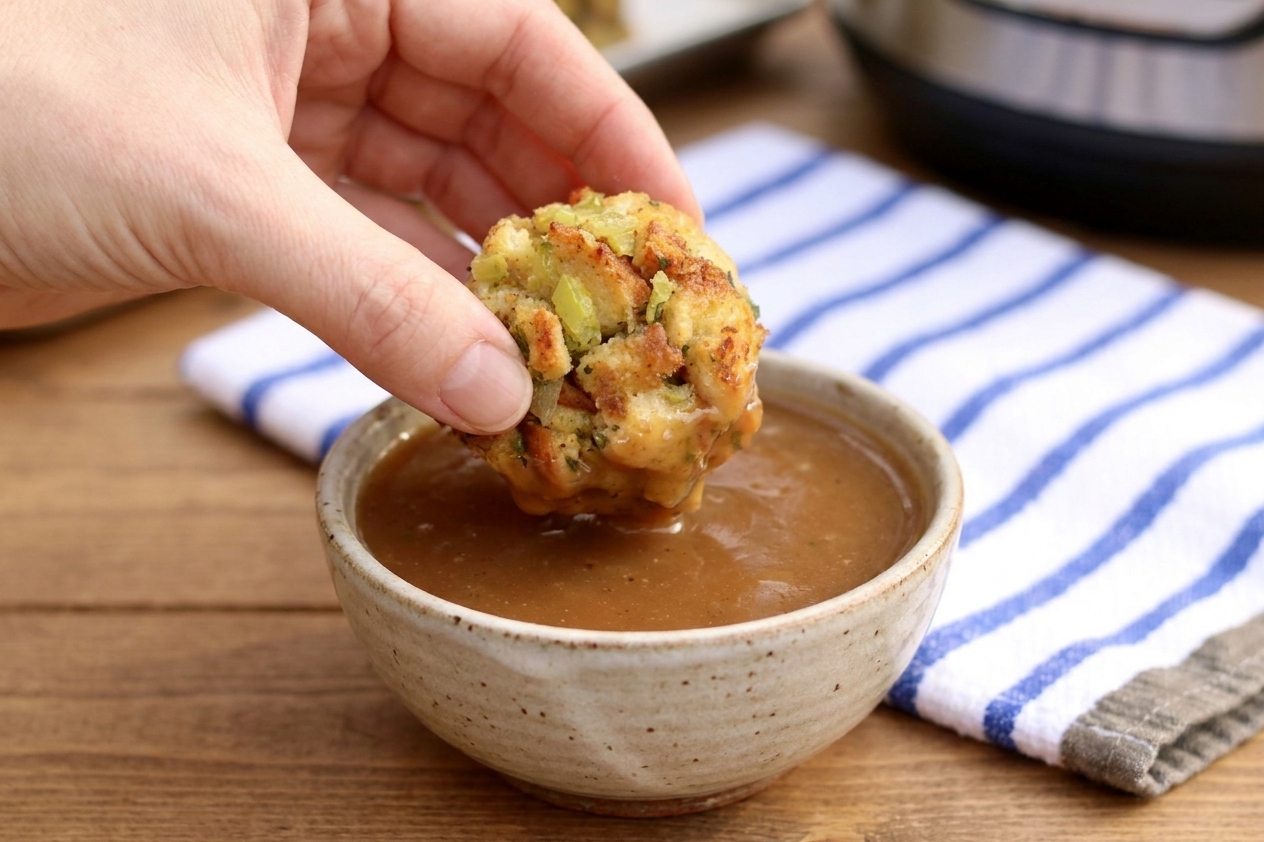 A hand dips a crispy dressing ball into a small bowl of brown gravy on a wooden table.