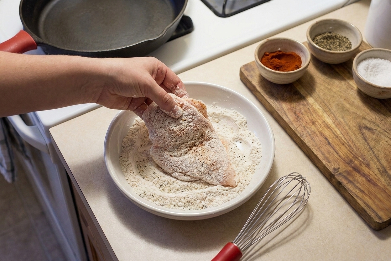 A hand dredging a chicken cutlet in a shallow bowl of seasoned flour on a kitchen counter