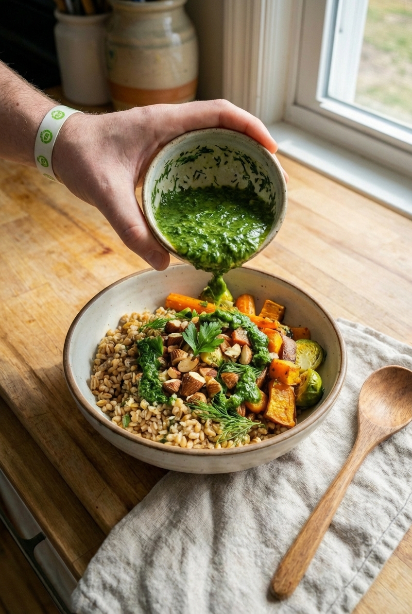 A hand drizzling bright green herb sauce over a grain bowl