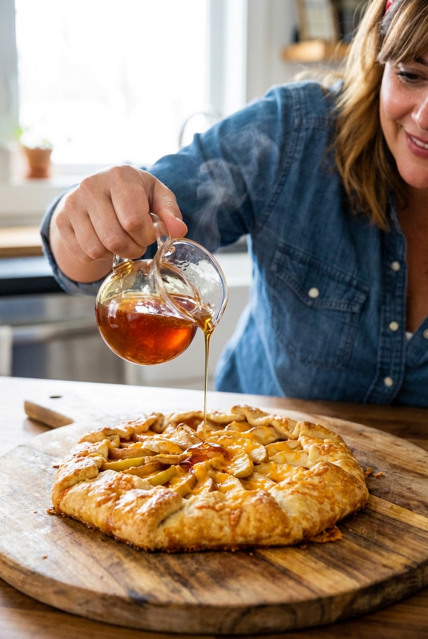 A hand drizzling hot honey over a warm apple cheddar galette