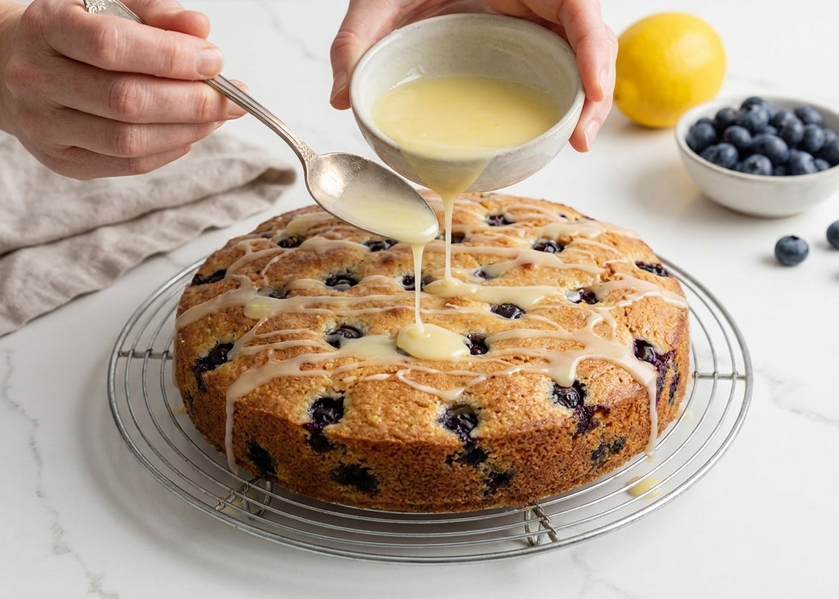 A hand drizzling lemon glaze over a cooled blueberry cake on a wire rack, glaze forming thin ribbons