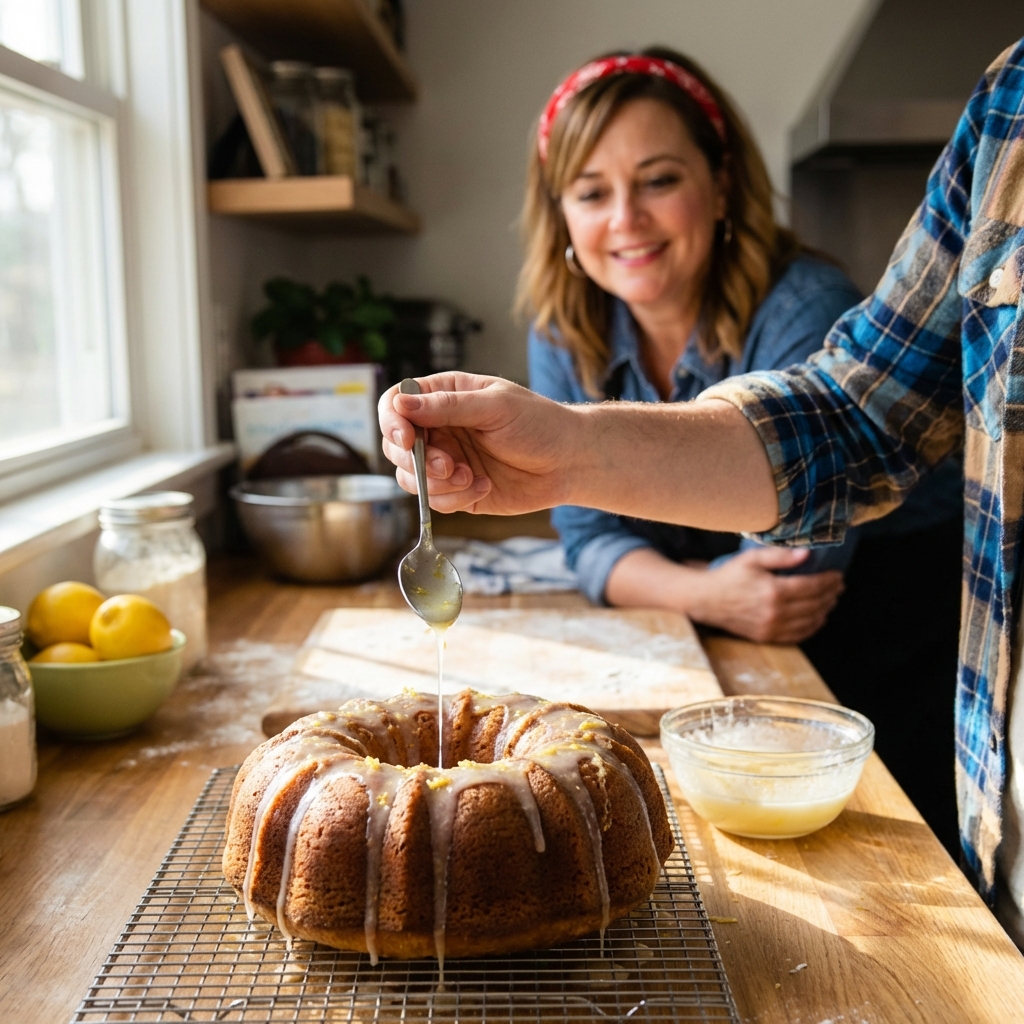 A hand drizzling lemon glaze over a cooled vanilla cake on a wire rack in a home kitchen