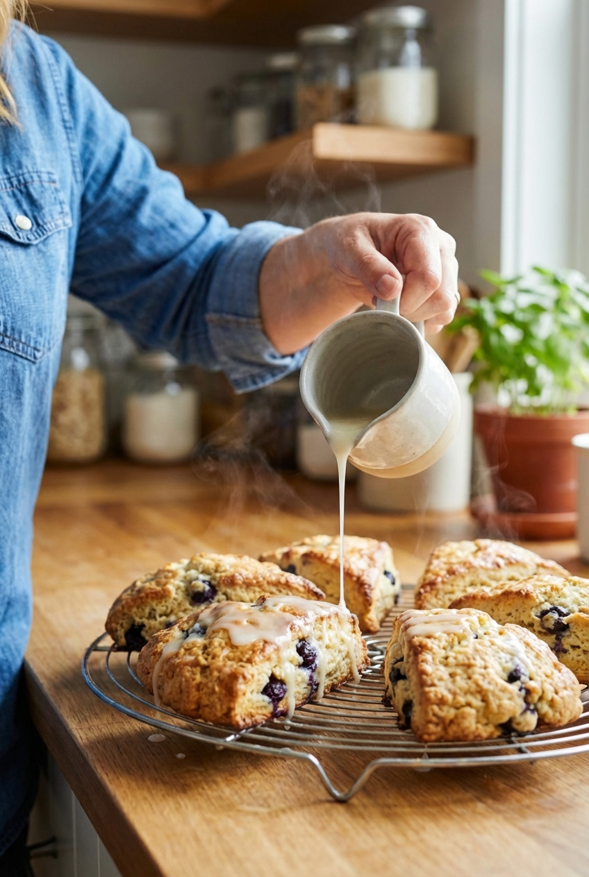 A hand drizzling lemon glaze over warm blueberry scones on a cooling rack