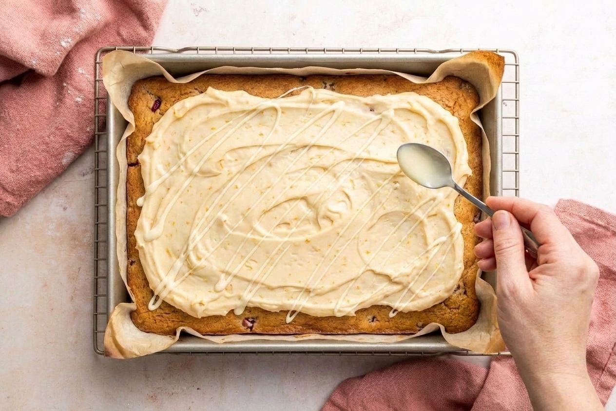 A hand drizzling melted white chocolate over frosted cranberry bars in a baking pan on a kitchen counter