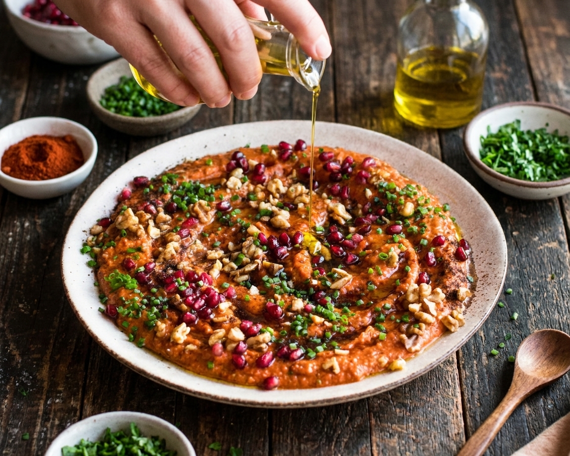 A hand drizzling olive oil over a bowl of roasted red pepper dip, with smoked paprika and parsley nearby on the counter