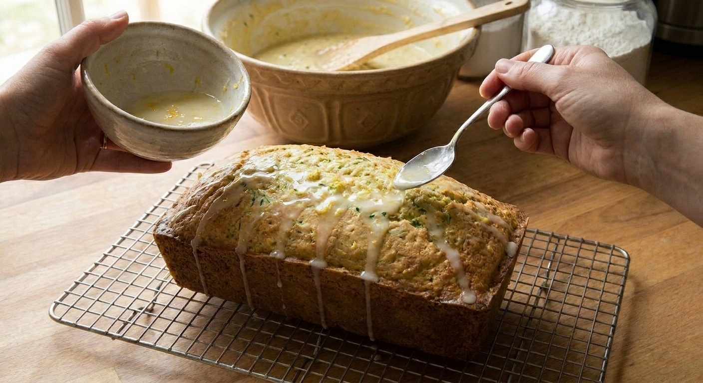 A hand drizzling thin lemon glaze over a cooled lemon zucchini bread loaf on a wire rack, glaze pooling lightly on top