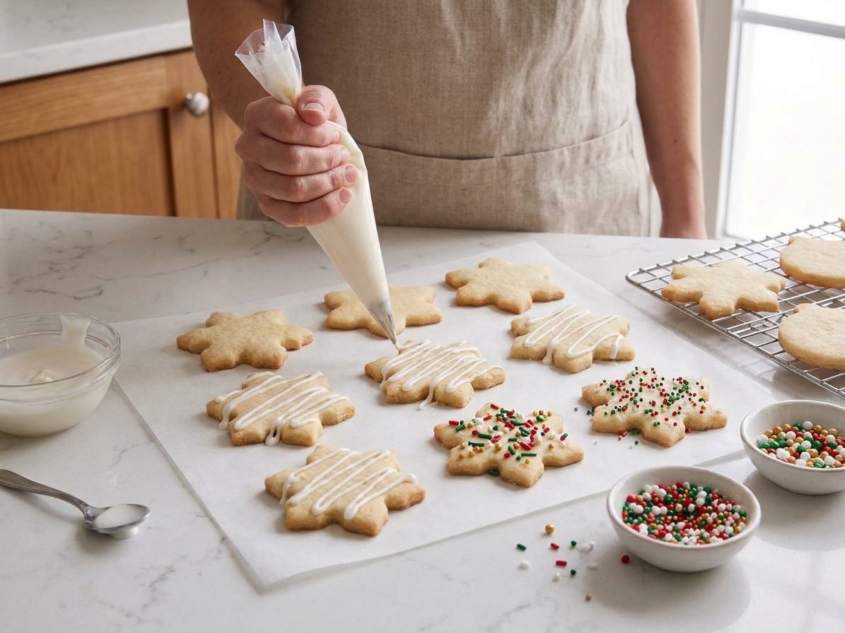 A hand drizzling white icing over star-shaped Christmas sugar cookies on parchment paper with bowls of sprinkles nearby on a kitchen counter