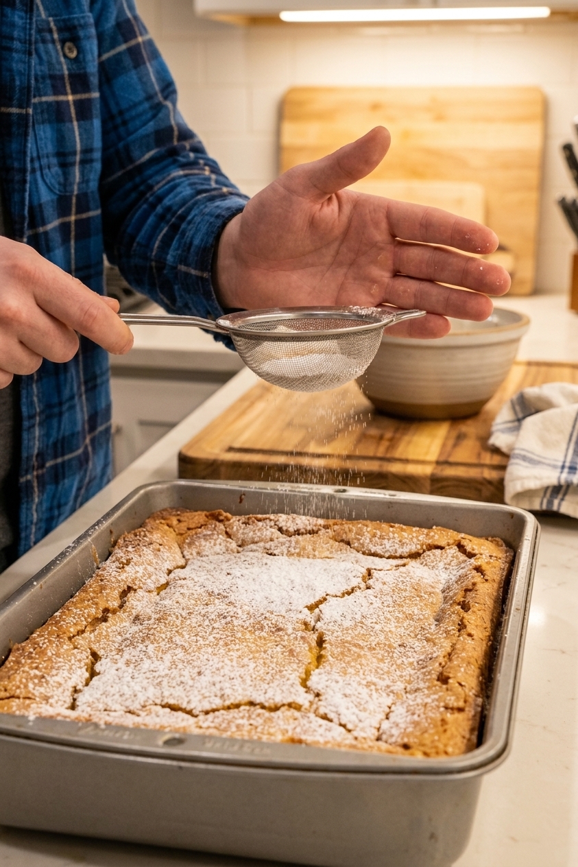 A hand dusting powdered sugar over a cooled gooey butter cake in a 9x13 pan using a fine mesh sieve, close-up kitchen photo