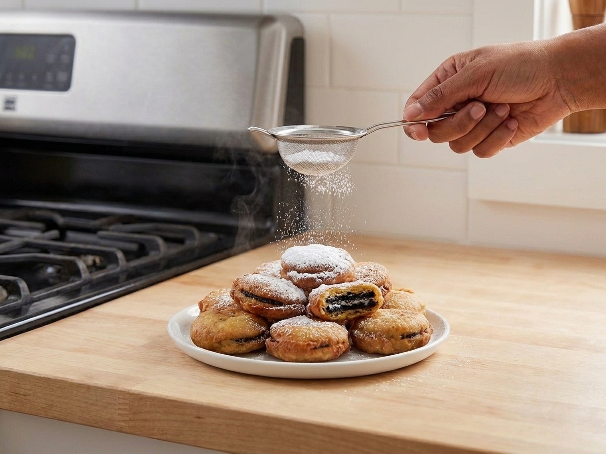 A hand dusting powdered sugar over a pile of warm fried Oreos on a plate