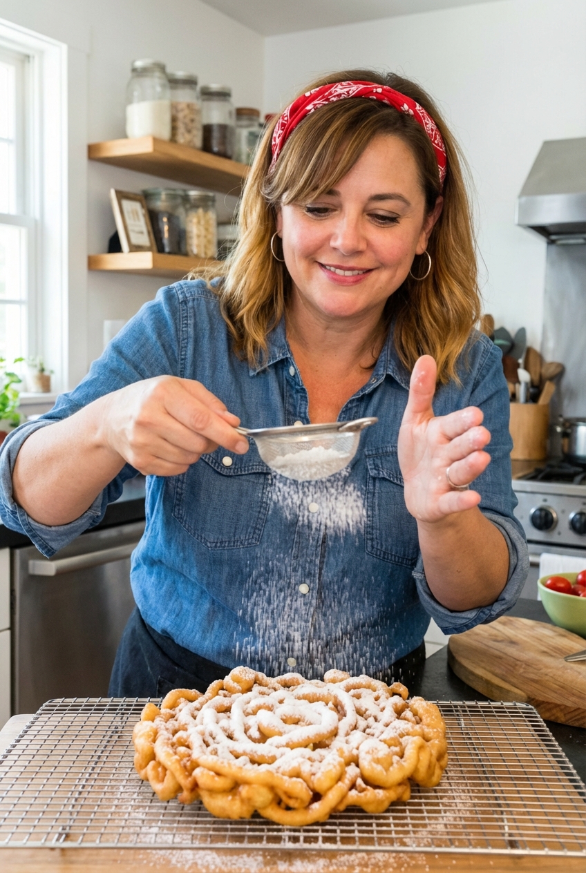 A hand dusting powdered sugar over a warm funnel cake on a wire rack