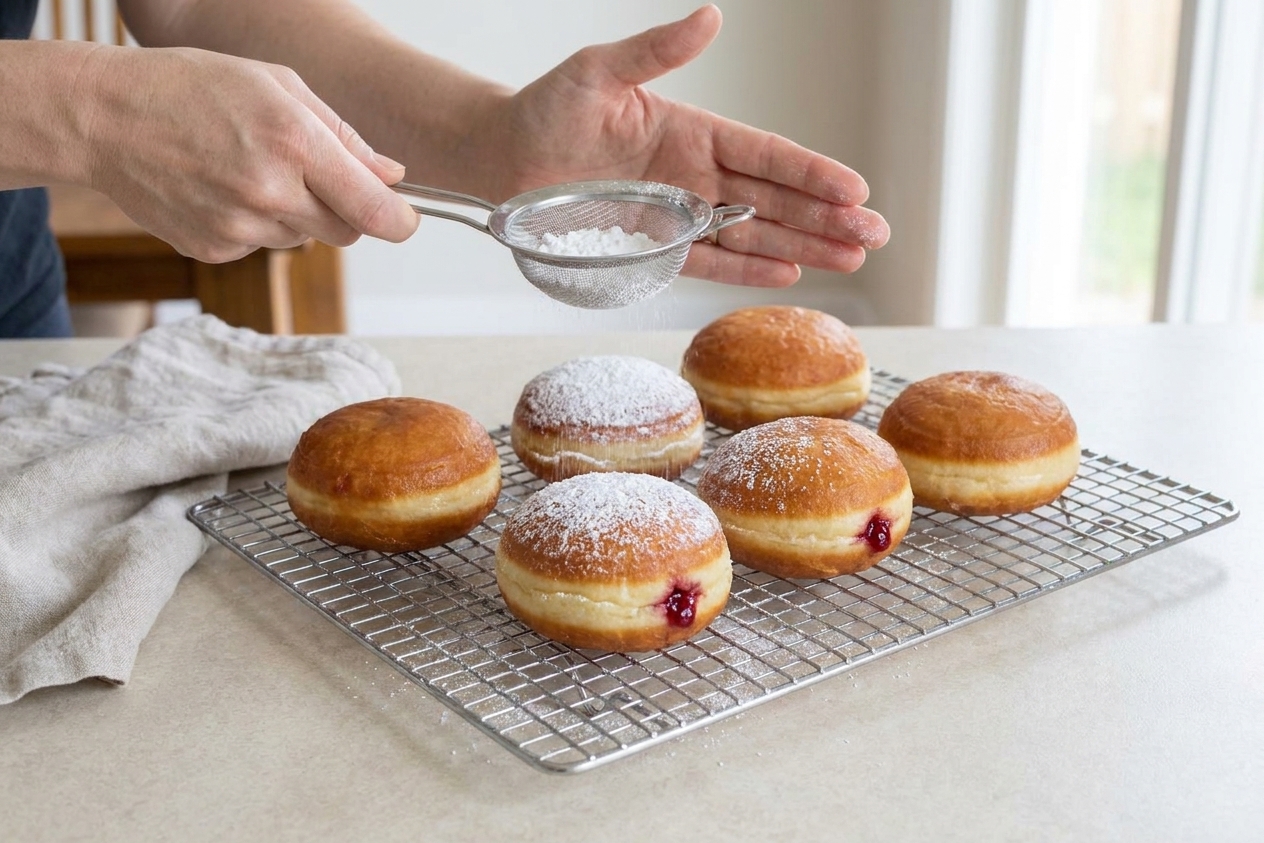 A hand dusting powdered sugar over freshly filled paczki on a cooling rack with jam visible at the filling point
