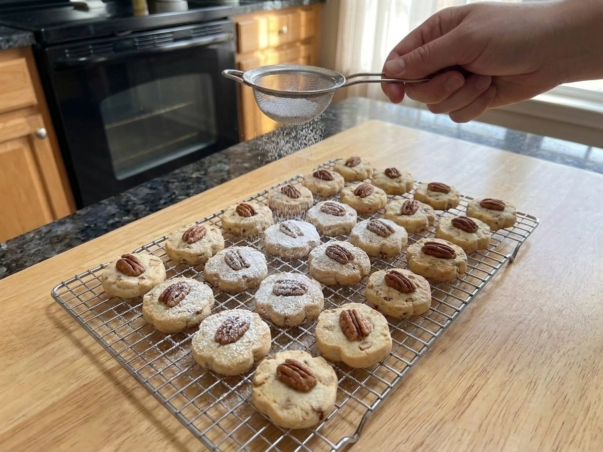 A hand dusting powdered sugar over pecan sandies cooling on a wire rack
