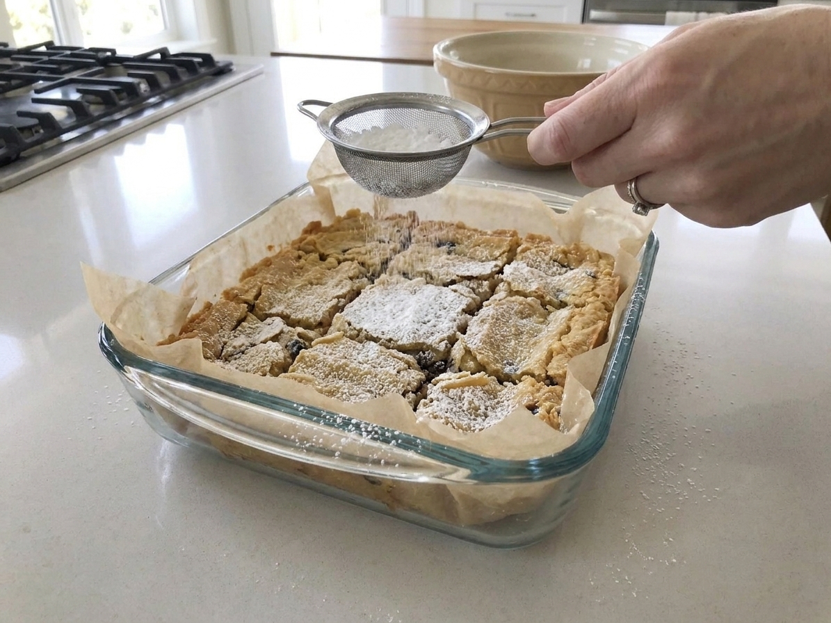 A hand dusting powdered sugar over sliced Neiman Marcus cake bars in a baking dish on a kitchen counter