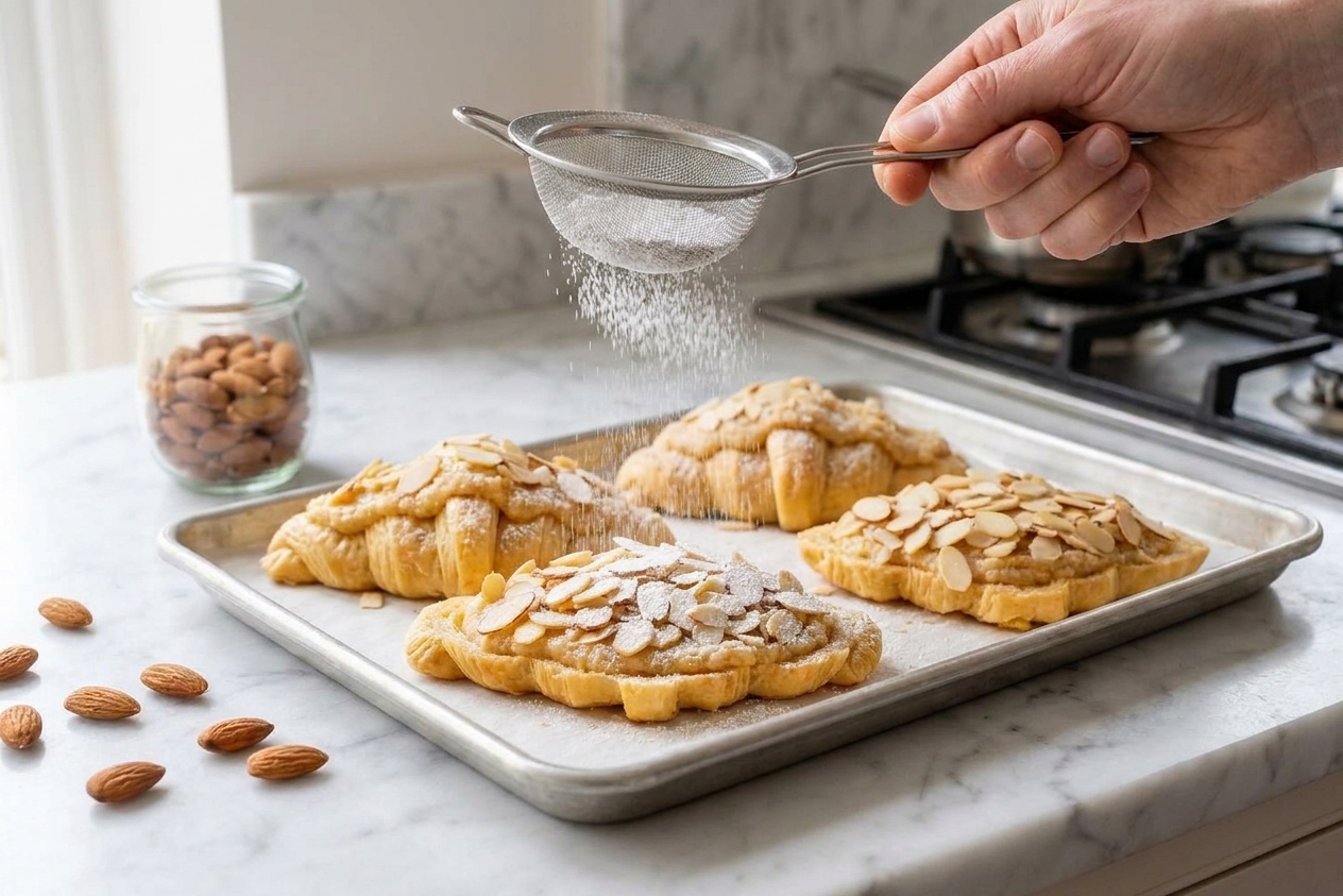 A hand dusting powdered sugar over warm almond croissants on a baking sheet in a bright kitchen