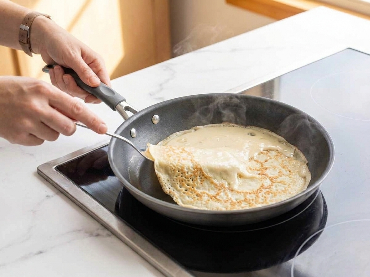 A hand flipping a crepe with a thin spatula in a nonstick pan on the stove, showing lightly golden lacy edges