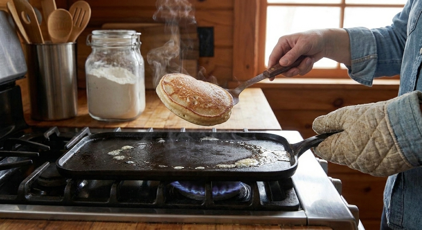 A hand flipping a golden pancake with a thin spatula on a hot griddle, mid flip action shot