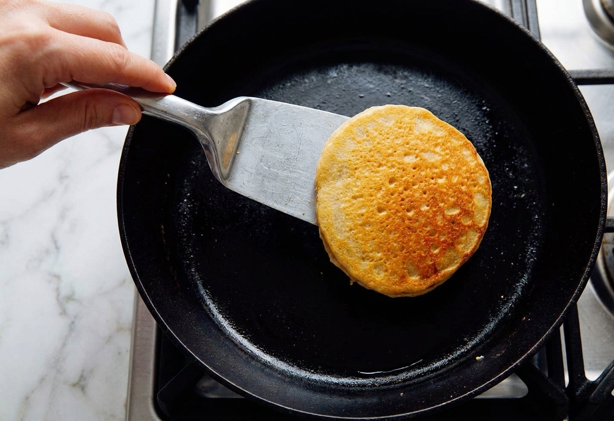 A hand flipping a small almond flour pancake with a thin spatula in a nonstick skillet on a home stove