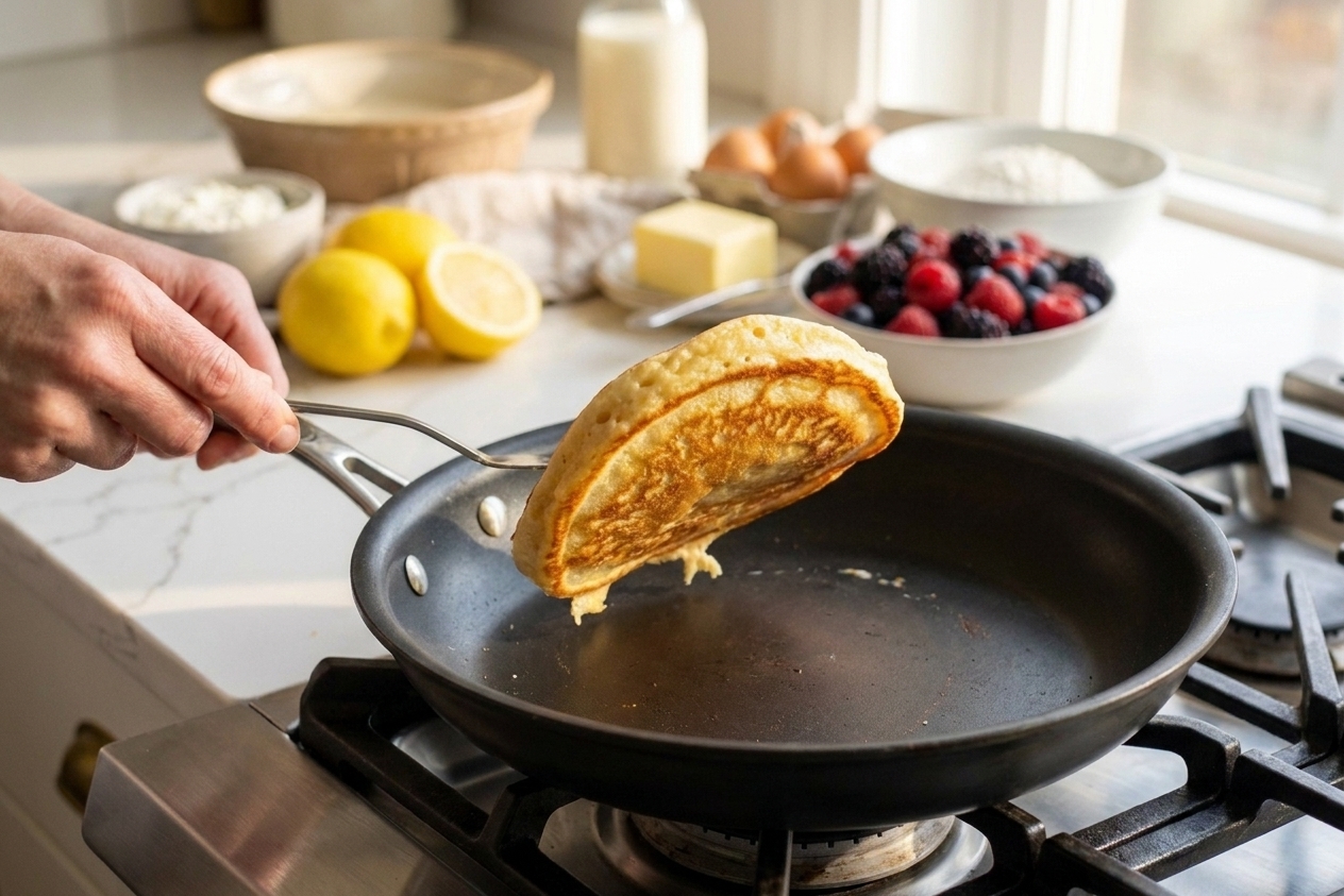 A hand flipping a thick lemon ricotta pancake in a nonstick skillet with a thin spatula, golden edges visible