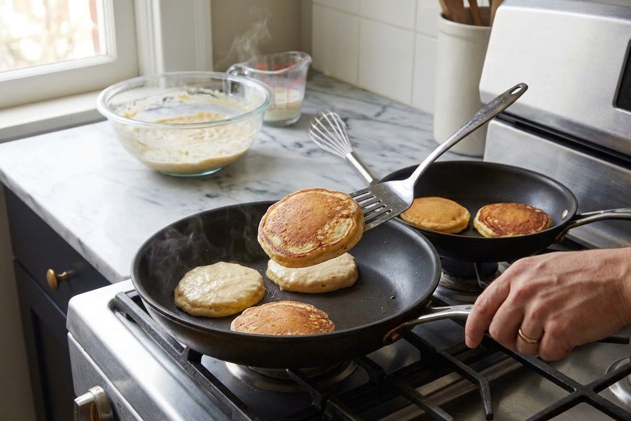 A hand flipping a thick pancake in a nonstick skillet on a stovetop with other pancakes cooking nearby