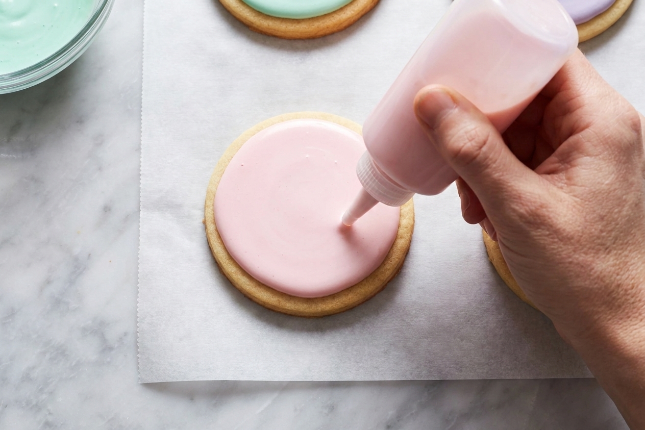 A hand flooding a sugar cookie with pale royal icing using a squeeze bottle while the cookie rests on parchment paper