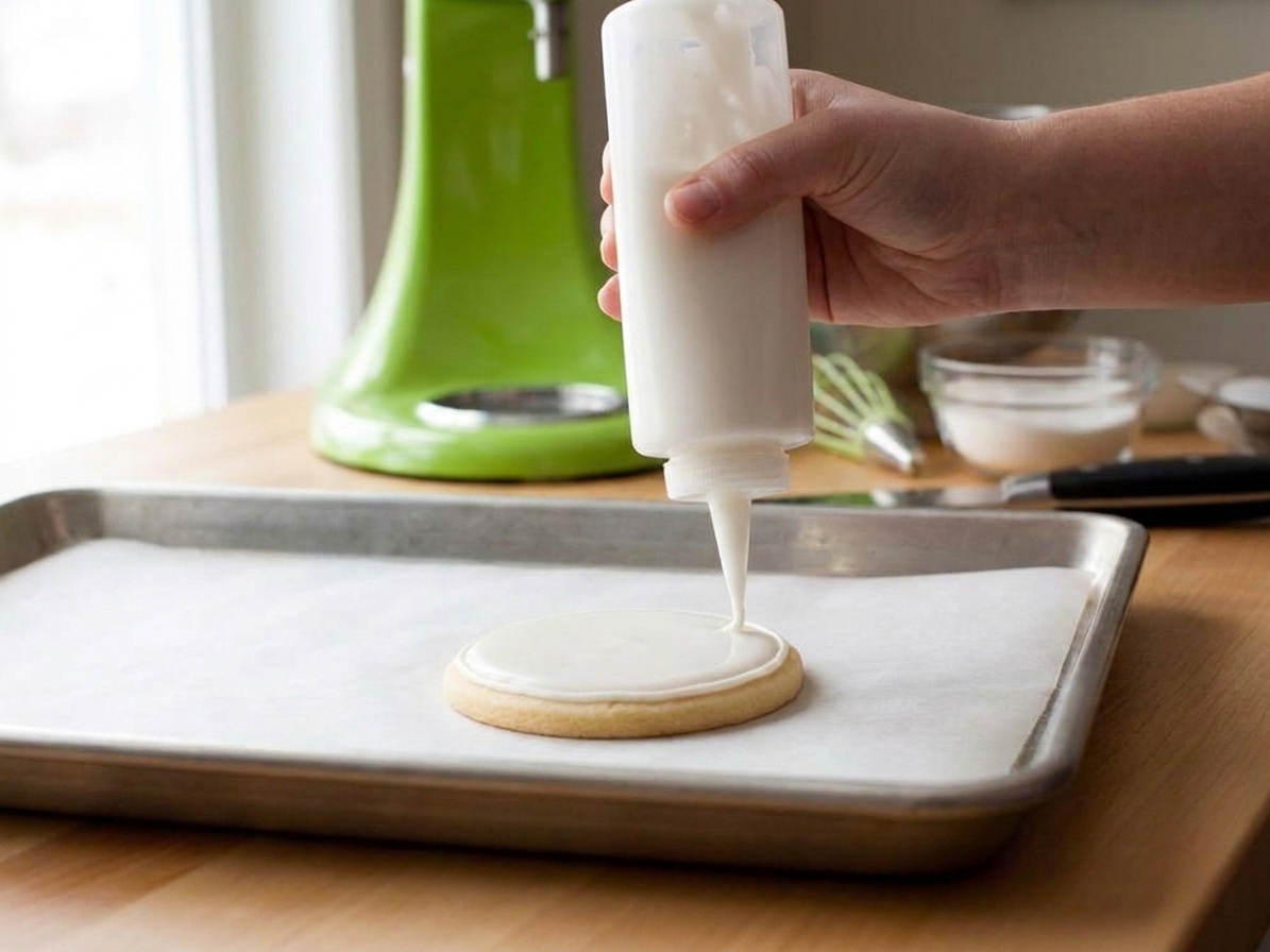 A hand flooding royal icing onto a cookie inside a piped outline using a squeeze bottle on a parchment-lined tray