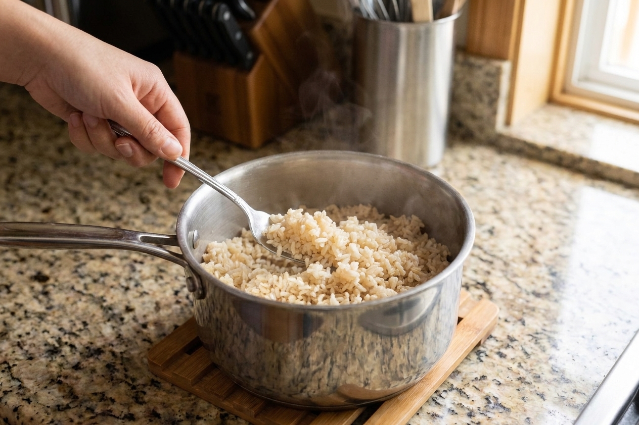 A hand fluffing cooked brown rice with a fork in a saucepan, grains looking separate and fluffy
