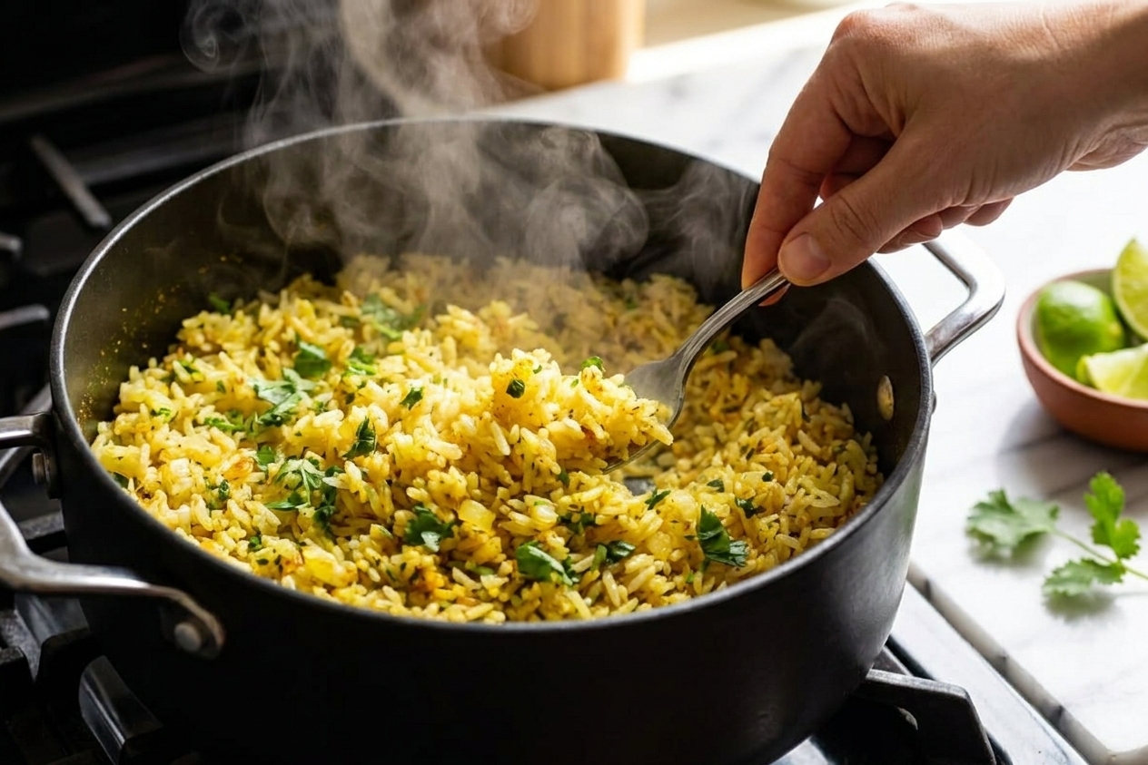 A hand fluffing seasoned rice with a fork inside a pot, steam rising under warm kitchen lighting