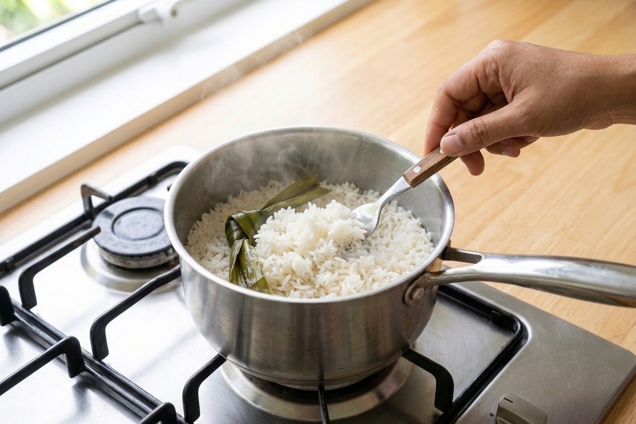 A hand fluffing steamed coconut rice with a fork in a pot on a stove, with visible steam rising