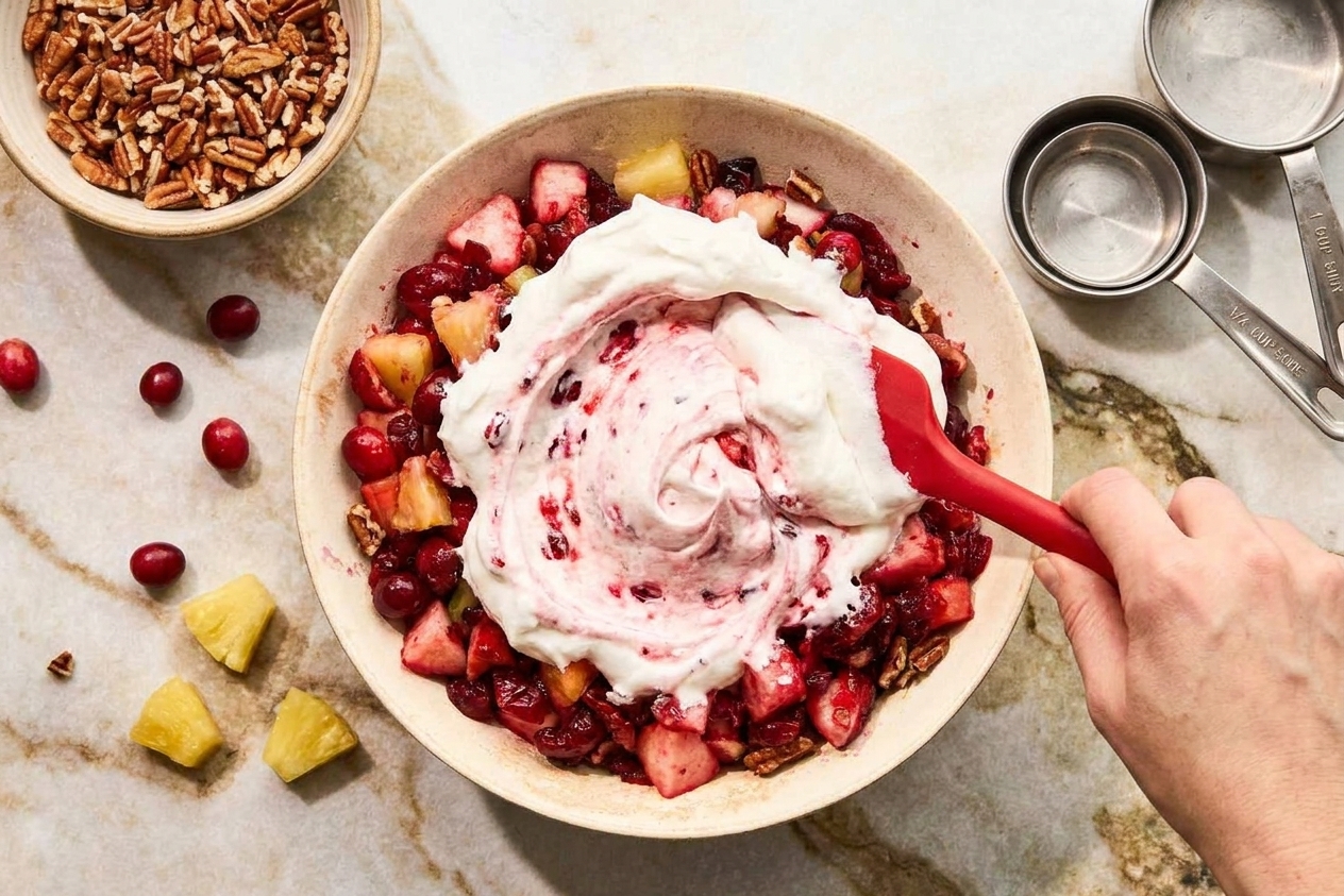 A hand folding whipped topping into a bowl of chopped cranberries and pineapple with a rubber spatula on a kitchen counter