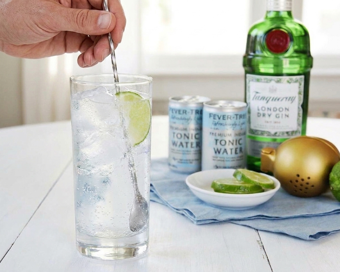 A hand gently stirring a gin and tonic with a long spoon in a tall glass on a kitchen counter