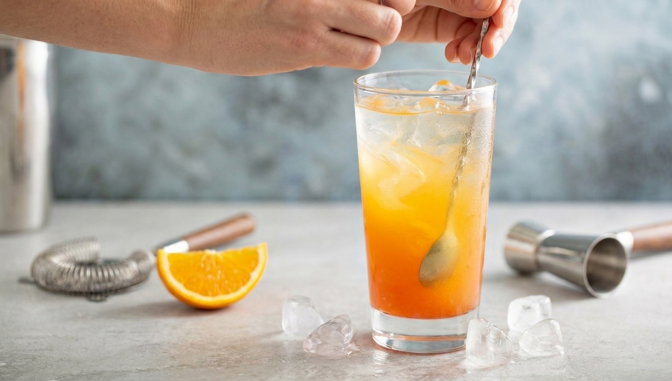 A hand giving a quick, gentle stir to tequila and orange juice over ice in a tall clear glass on a bright kitchen counter