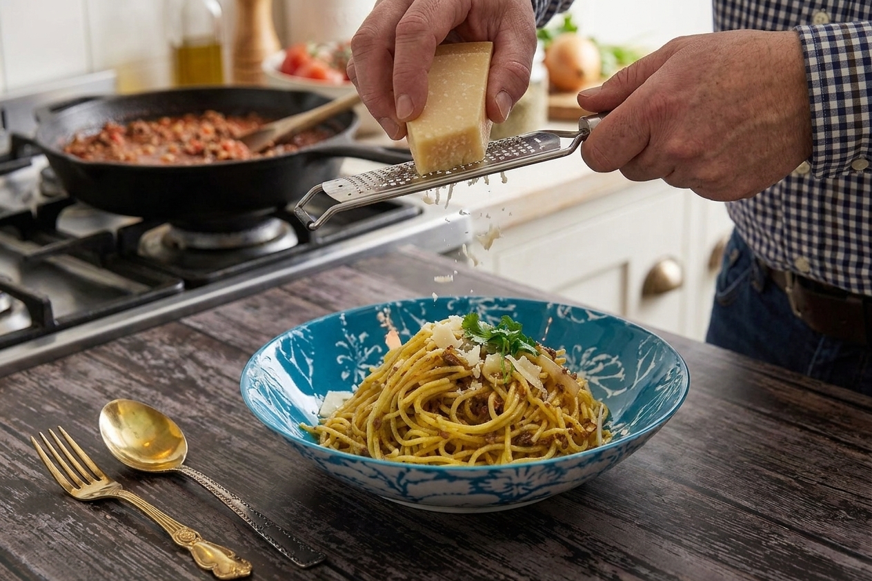 A hand grating Parmesan over a plated bowl of minced beef spaghetti under warm kitchen lighting