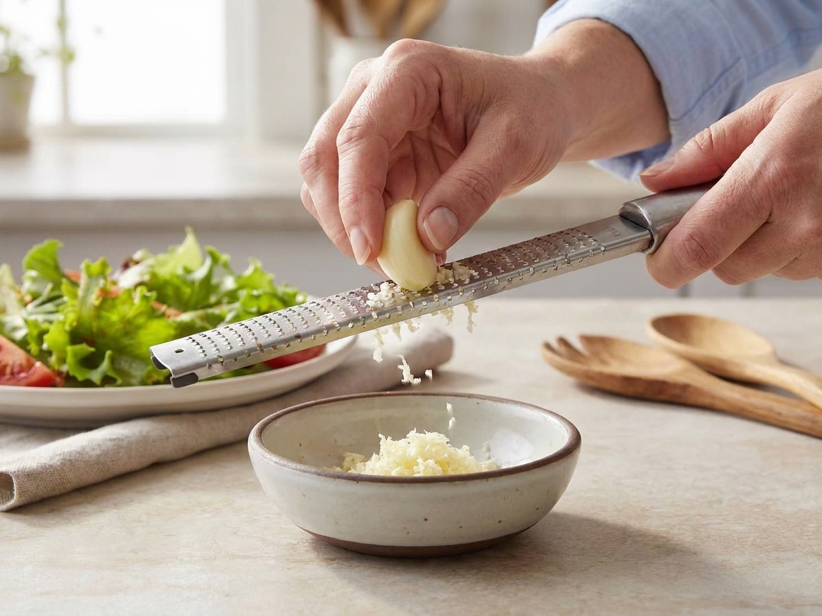 A hand grating a peeled garlic clove on a microplane over a small bowl on a home kitchen counter