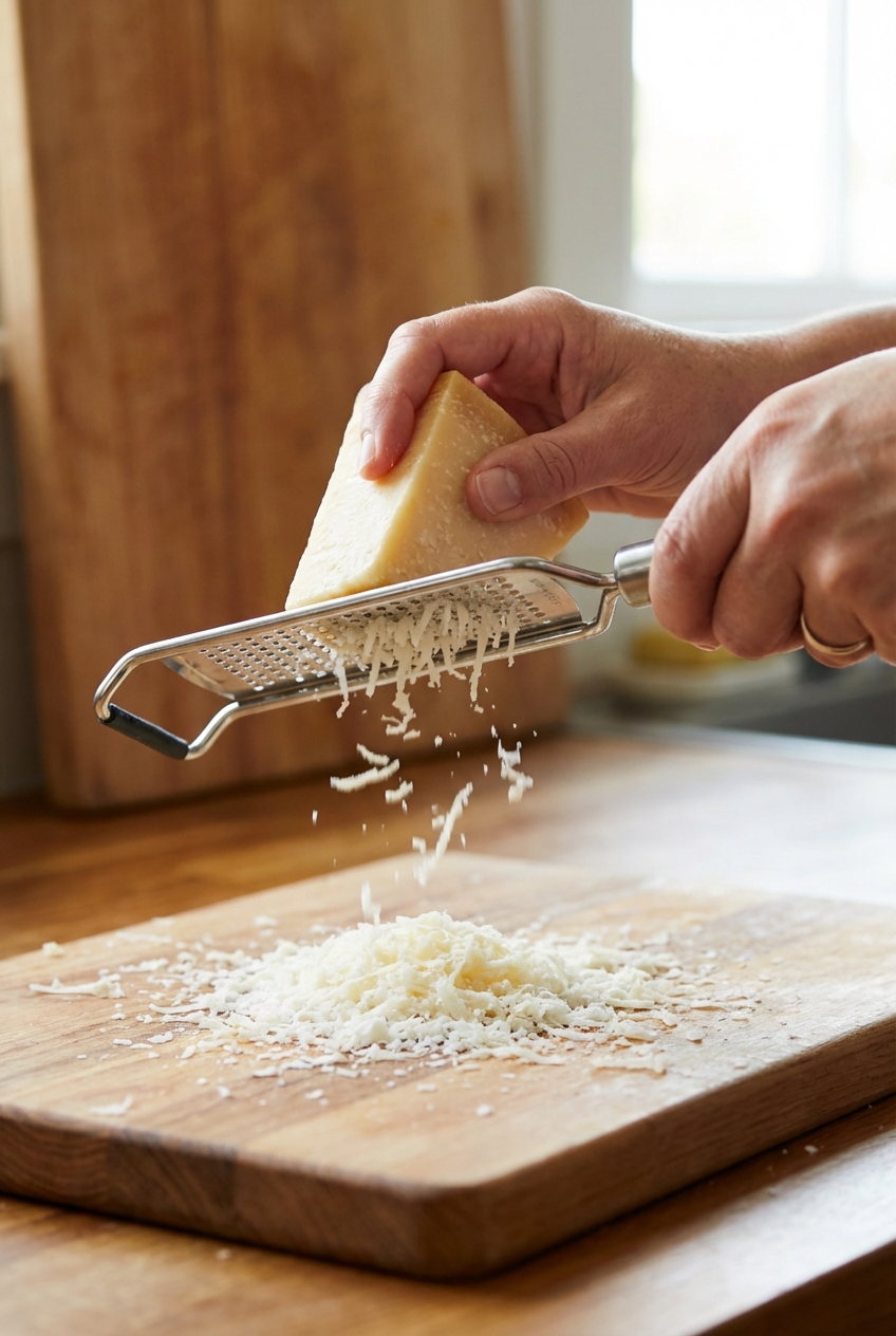 A hand grating a wedge of Parmesan cheese over a cutting board