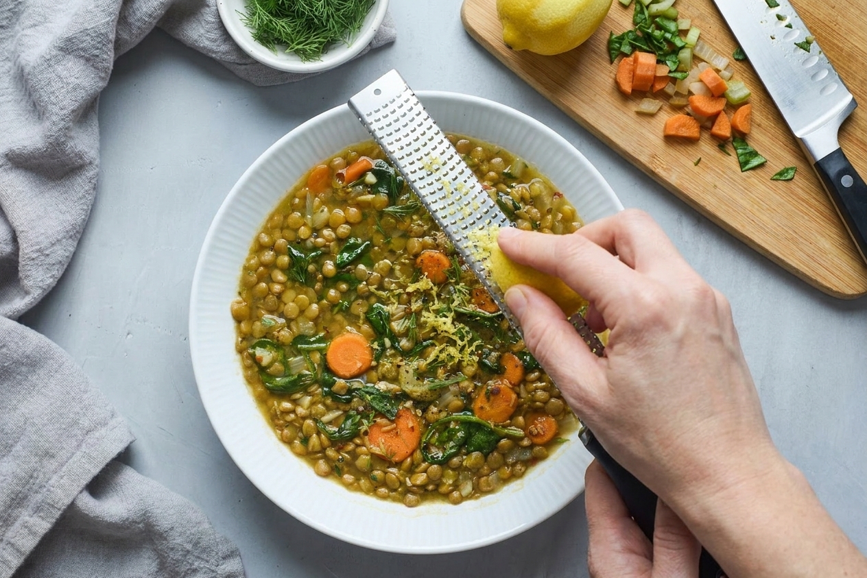 A hand grating fresh lemon zest over a bowl of lentil soup on a kitchen counter with the lemon and microplane nearby