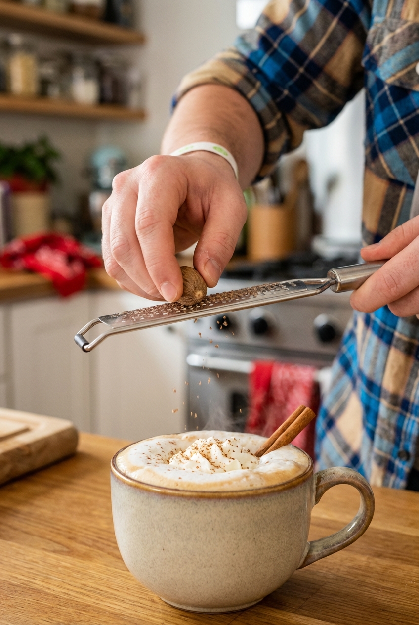 A hand grating fresh nutmeg over a creamy hot toddy in a mug