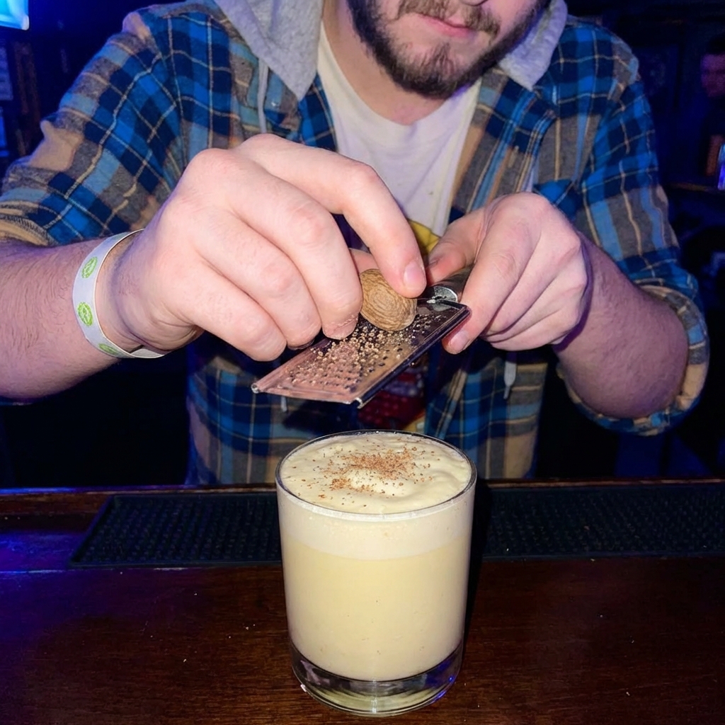 A hand grating whole nutmeg over a glass of eggnog with creamy foam on top