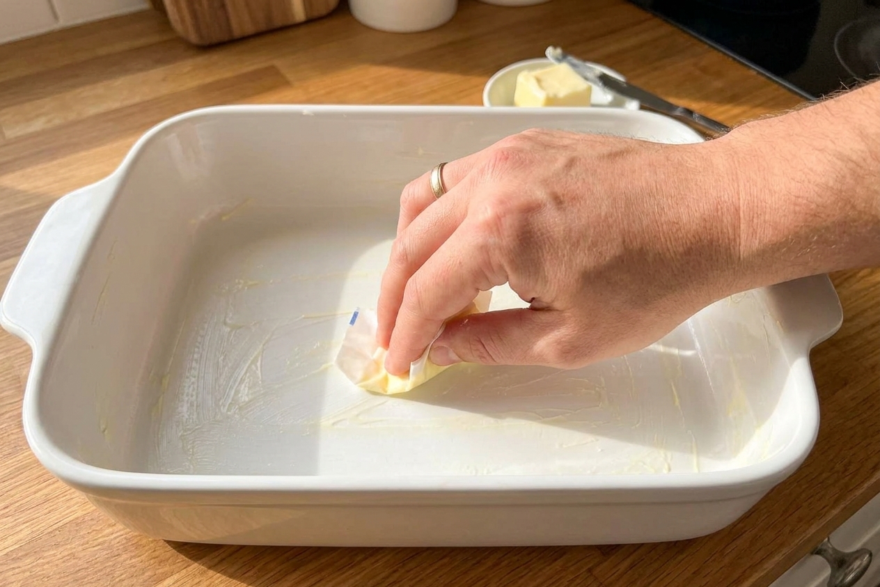 A hand greasing a white ceramic 9x13 baking dish with butter on a kitchen counter under warm lighting