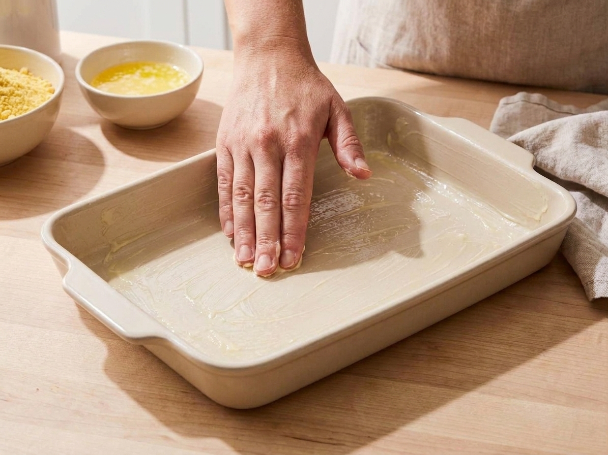 A hand greasing the inside of a 9x13 baking pan on a kitchen counter, ready for ooey gooey butter cake