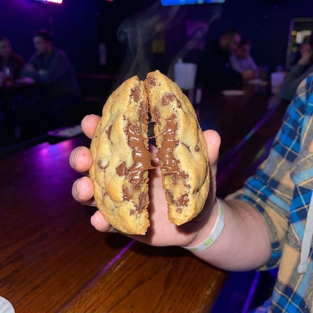 A hand holding a chocolate chip cookie broken in half showing a gooey, soft center