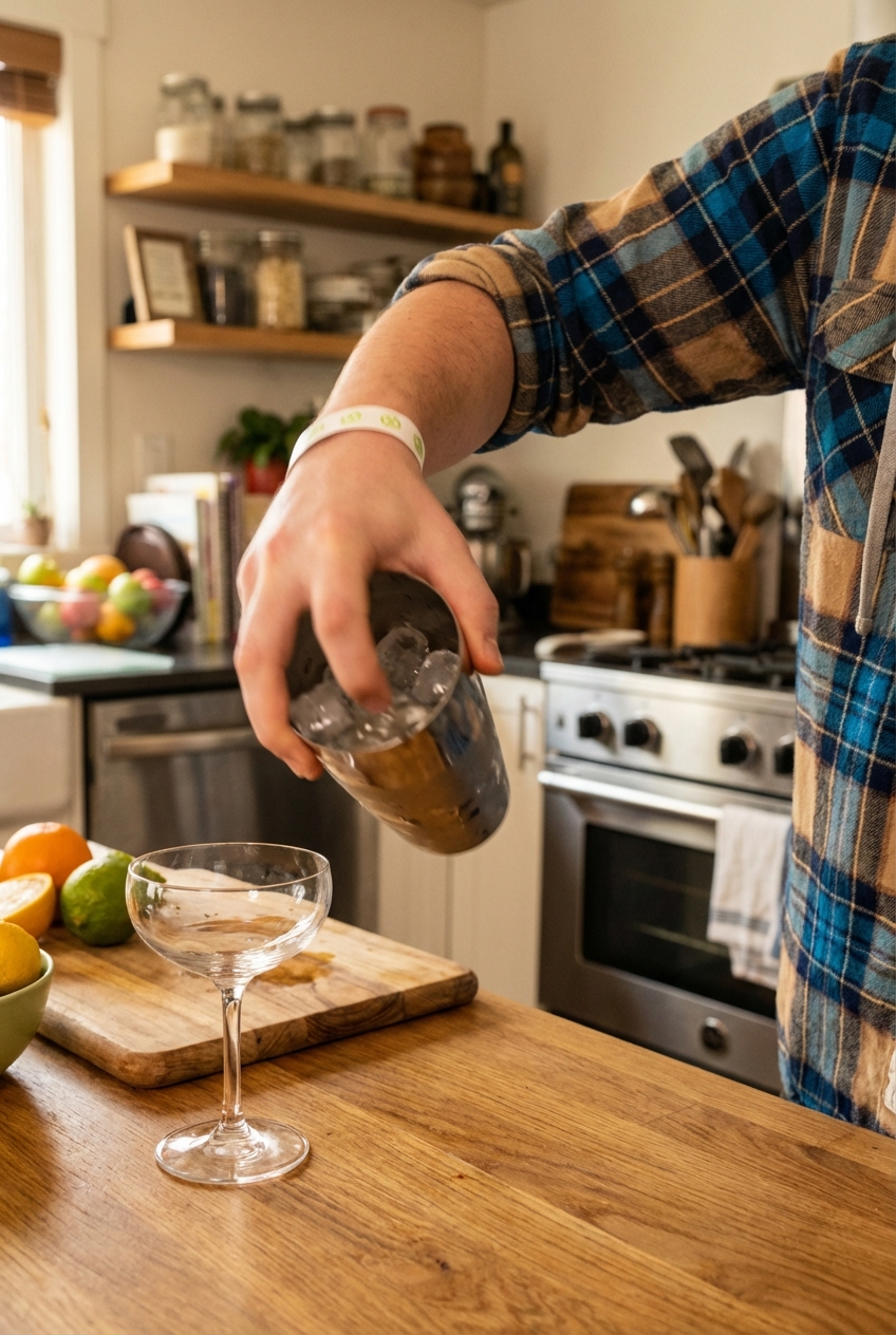 A hand holding a cocktail shaker mid-shake over a kitchen counter with a coupe glass waiting nearby