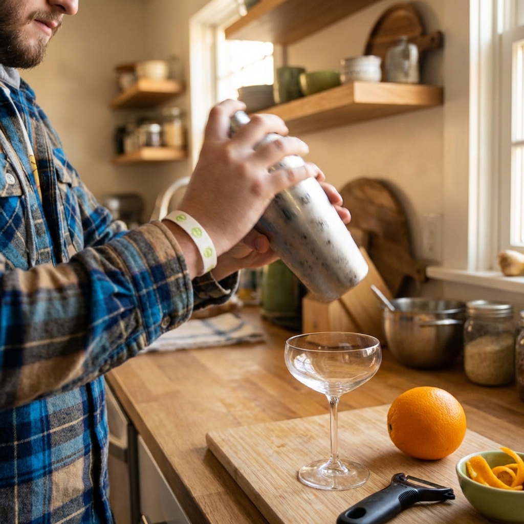 A hand holding a cocktail shaker mid-shake with a coupe glass waiting on the counter and an orange resting nearby